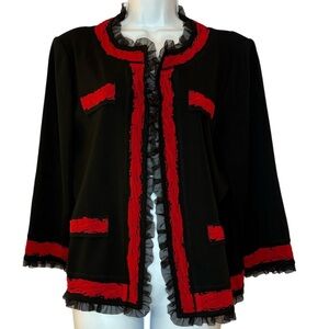 Ming Wang Knit Jacket Black with Red Paintbrush Strokes Tulle Ruffle Trim Size M